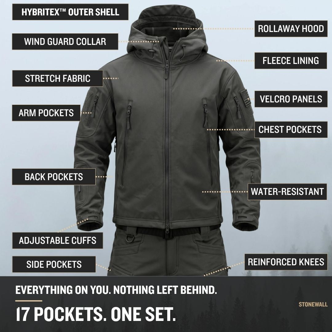 Vanguard Pro Waterproof Softshell Jacket & Pants Set - Fleece lined - 17 Pockets